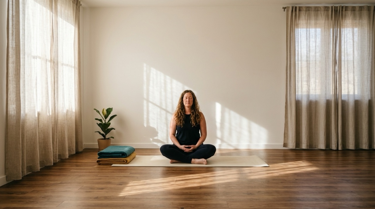 Dana meditating in an airy studio with soft light and open space